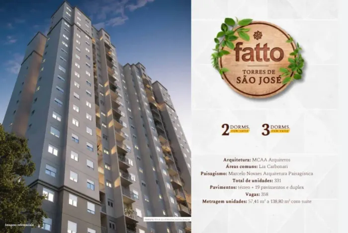 Torres de São Jose Aptos 2 e 3 Dorms C/Suíte 57 a 138m2,Sala,Cozinha,Banheiro,1 e 2 Vagas 