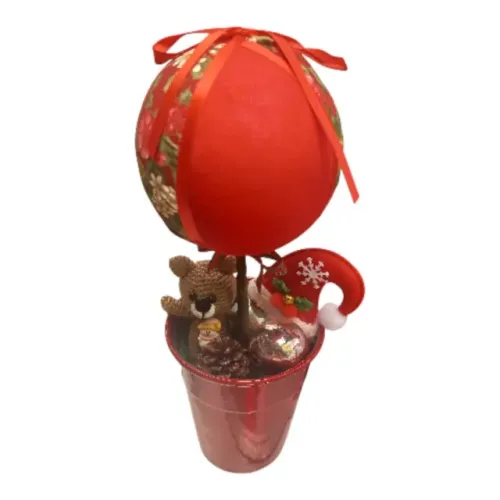 Enfeite Natalino Decorativo com Balde Vermelho e Bola - Peça Artesanal