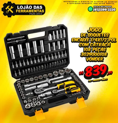 Jogo de Soquetes Encaixe 1/4x1/2 Pol Com Catraca 108 Peças Vonder