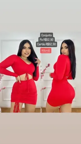 Conjunto Canelado Cropped e Saia Bordô
