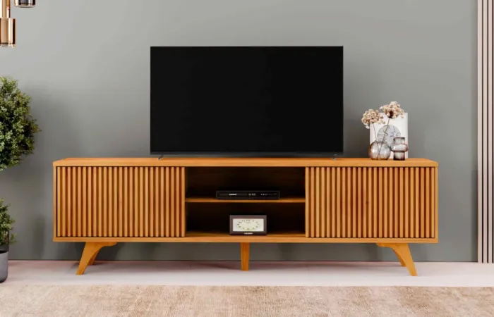 Rack de TV Moderno em Madeira Ripado r65