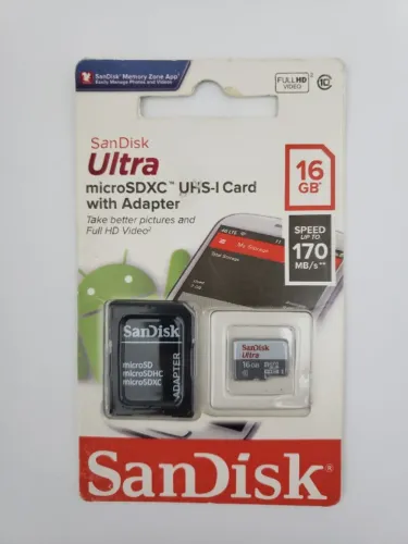 Cartão de Memória SANDISK 16 GB ULTRA FULL HD c/ Adaptador Novo Velocidade 170 MB/s