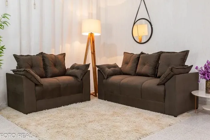 Conjunto Sofá 2 e 3 Lugares Veludinho Marrom