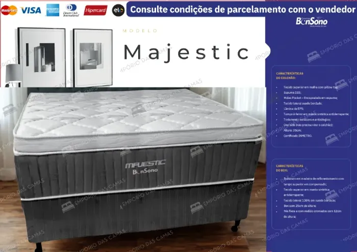 Cama King conjunto Majestic Base bipartida e Colchão BonSono molas pocket ensacadas