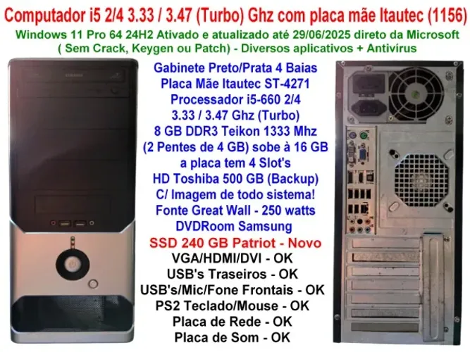 Computador i5 2/4 3.33 / 3.47 Ghz com placa mãe Itautec (1156)