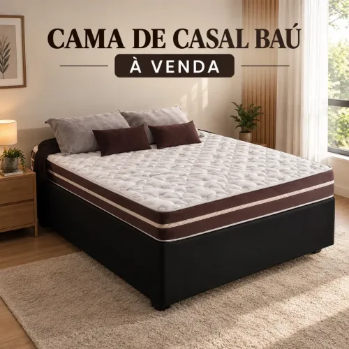 Cama Box Baú Casal 138 Tecido Sintético Preto com Colchão Little Angel Bello Box