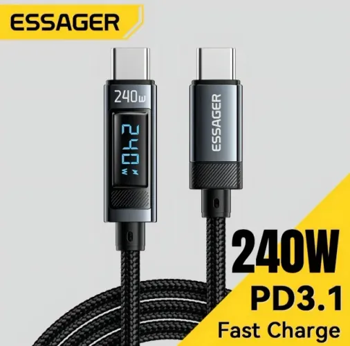 Cabo Essager 240W USB de 2 metros display digital preto com entrada Tipo C, saída Tipo C