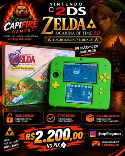 Nintendo 2DS Zelda Ocarina of Time 3D Edição Especial Desbloqueado