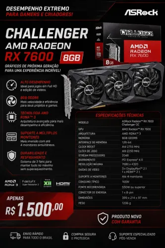 Placa de Vídeo ASRock AMD Radeon RX 7600 Challenger OC 8GB GDDR6 - Nova | R$ 1.500