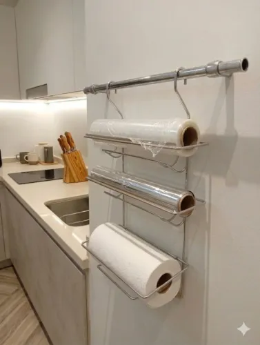 Suporte de rolos de cozinha - papel toalha, alumínio e filme pvc
