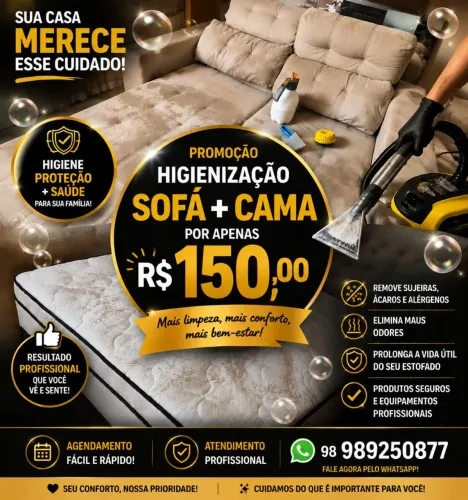 Higienização a seco de sofá+cama por 150,00