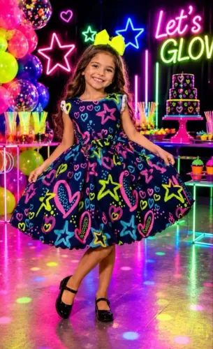 Vestido Neon Infantil Festa Luxo Marinho 6 anos