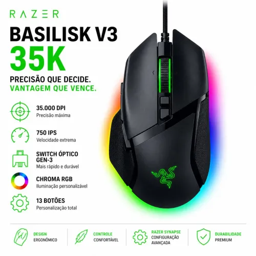 Mouse Gamer Razer Basilisk V3 35K RGB 11 Zonas 13 Botões Sensor Focus Pro
