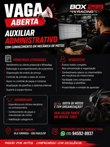 Auxiliar administrativo com conhecimento em peças de moto