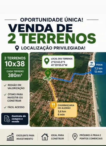 Vendo 2 lotes de terreno em Luis Correia medindo 10x38 cada. CADA LOTE custa R$ 19.000,00
