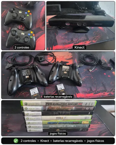 Xbox 360 Slim 500GB + Kinect + 2 Controles + Jogos Originais