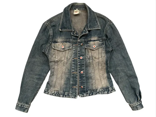 Jaqueta Jeans Vintage Acinturada Botões Vermelhos Estrela