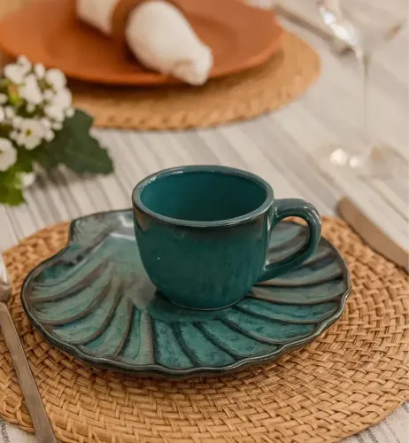 Jogo 6 Xícaras Café Cerâmica Ocean Azul Marinho Conchas 90ml