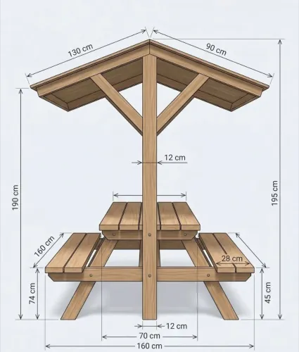 Mesa de pinus tratado com telhado 
