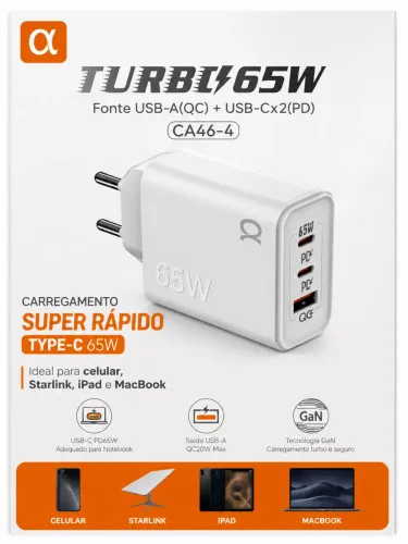 Fonte Type c 65w starlink, MacBook, iPad, celular turbo 