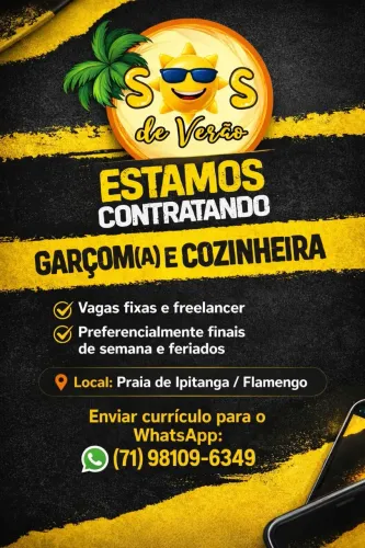 Vagas garçom e cozinheira restaurante e barraca de praia 