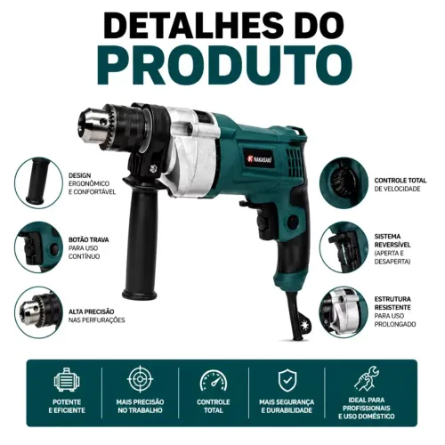 Furadeira de Impacto 1000w Nakasaki 13mm Auto reverse Profissional + Maleta c Acessórios