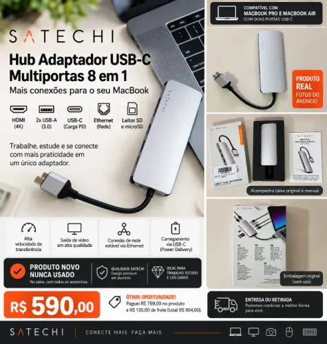 Adaptador Hub Satechi USB-C 8 em 1 para MacBook - HDMI + Ethernet