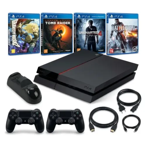 Playstation 4 Fat 500gb Sony Preto - 2 Controles - 4 Jogos - Dock de Carregamento