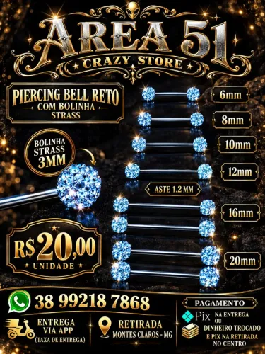 Piercing bell reto aço cirúrgico com pedra strass ( preço unidade)