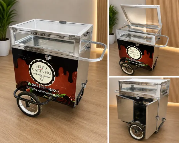 Carrinho Expositor para Alimentos em Inox com Vitrine de Vidro - Profissional