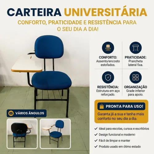 Carteira Universitária com Prancheta Lateral Azul - Escolar/Curso