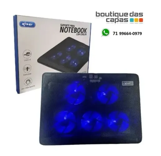 suporte Base para Notebook macbook com 5 Cooler Fan Led Azul Knup - KP-SP223 até 17 poleg