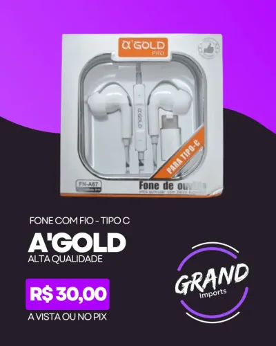 Fone com fio Tipo C A'GOLD pro com borrachinha