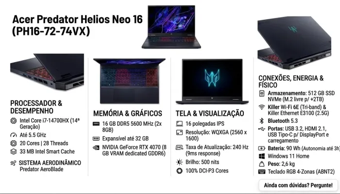 Acer Predator Helios Neo 16 i7-14700HX RTX 4070 8GB 16GB DDR5 SSD 512GB 240Hz