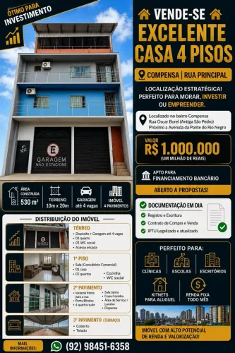 VENDE-SE EXCELENTE CASA 4 PISOS COMPENSA lll RUA PRINCIPAL OTIMO PARA INVESTIMENTO