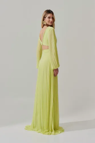 Vestido Longo com Decote V, Manga Longa e Saia Plissada - Bene Lima
