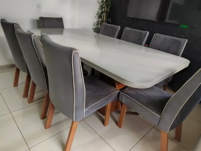 Mesa de Jantar 220x110 Lottus MDF/Vidro 8 Cadeiras