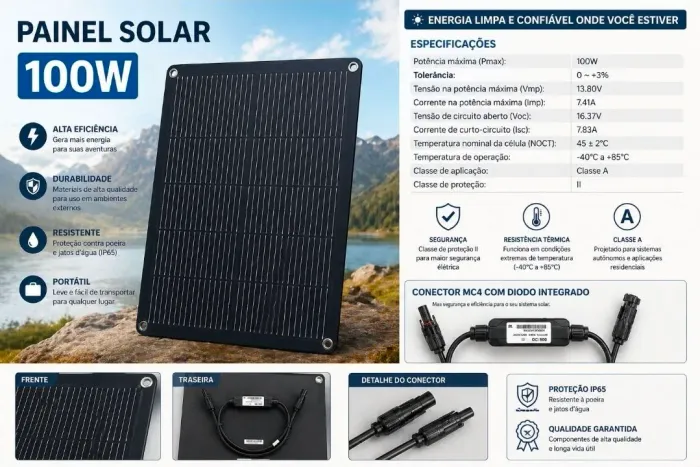 Painel Solar Placa Solar Flexível 100 Watts 100W Hent
