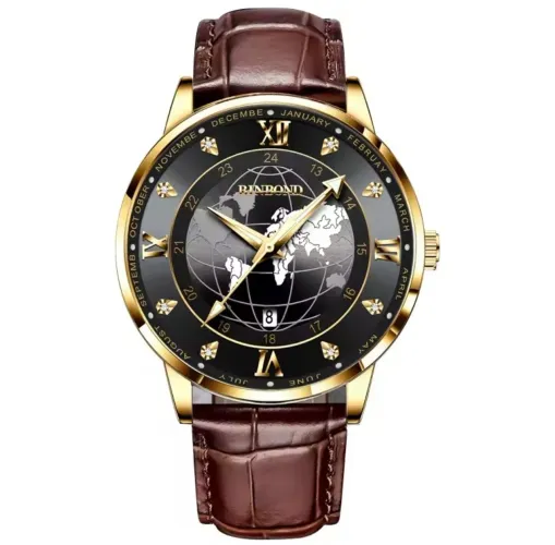 Relógio de Pulso B0117 Masculino Luxo Binbond World Map Gold Black Pulseira Couro Marrom
