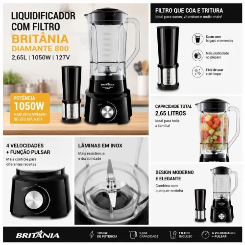 liquidificador britania diamante 800 2,6l com filtro NOVO