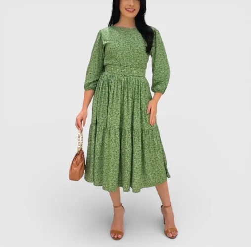 Vestido mídi floral modesto com cinto