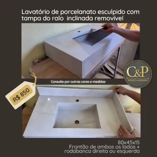 Lavatório de porcelanato esculpido com tampa do ralo inclinada removível