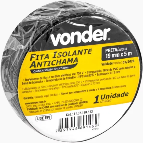 Fita isolante, 19,0 mm x 5 m, preta, VONDER PLUS