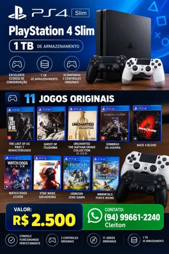 PlayStation 4 Slim 1TB + 2 controles + 11 jogos originais