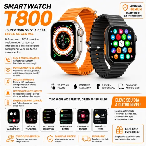 Relógio Smart Watch T800 Ultra Bluetooth Pulseira Laranja Bisel Alumínio