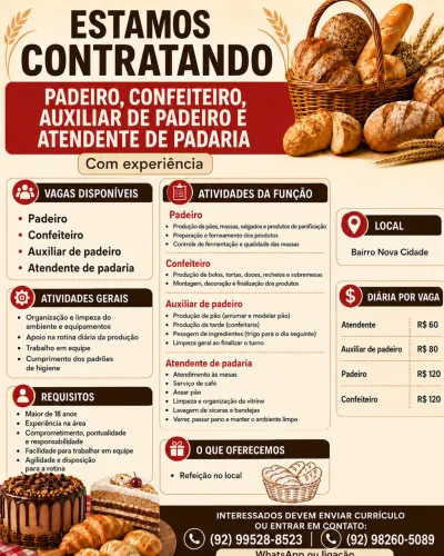 Estamos contratando para padaria no bairro Nova Cidade