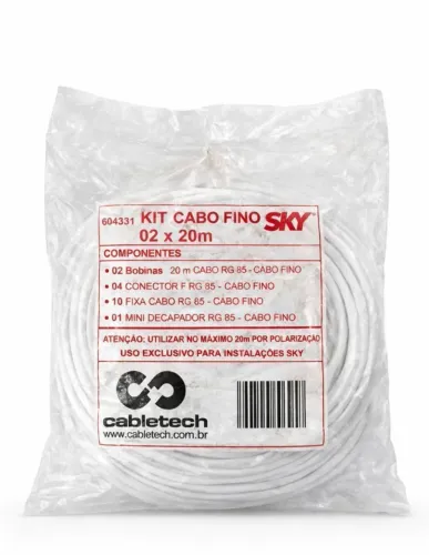 KIT Cabo Coaxial 2x20 Metros Super Fino RG 85 Cabbletech