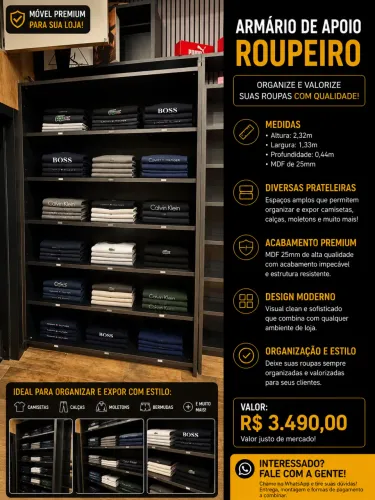 Armário de Apoio Roupeiro MDF 25mm 2,32m para Loja de Roupas Seminovo