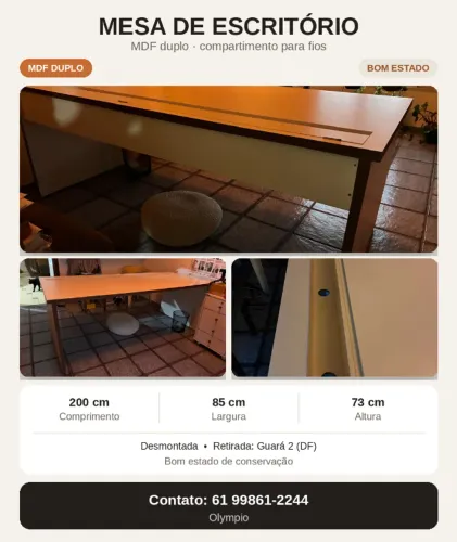 Mesa de escritório 200x85 com guarda fio