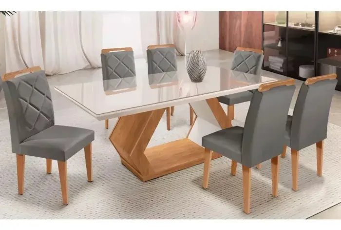 Mesa Alvorada 180 Tp Mdf Vidro Canto Reto 6 Cadeiras Rufato E Imbuia E Off Serig Off
